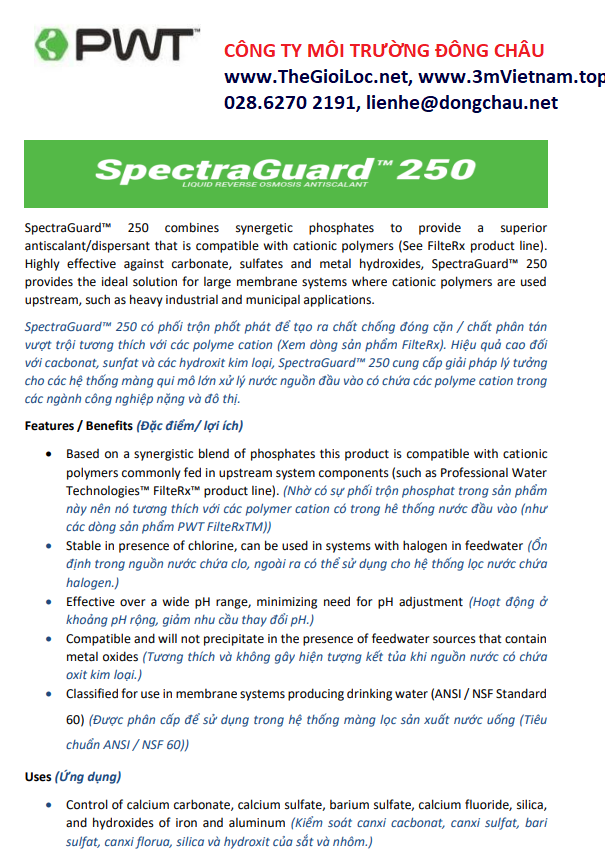 Hóa chất SpectraGuard 250 PWT chống cáu cặn màng RO/NF/UF
